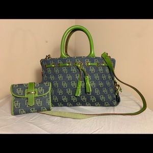 Doooney & Bourke Denim and lime green purse with wallet